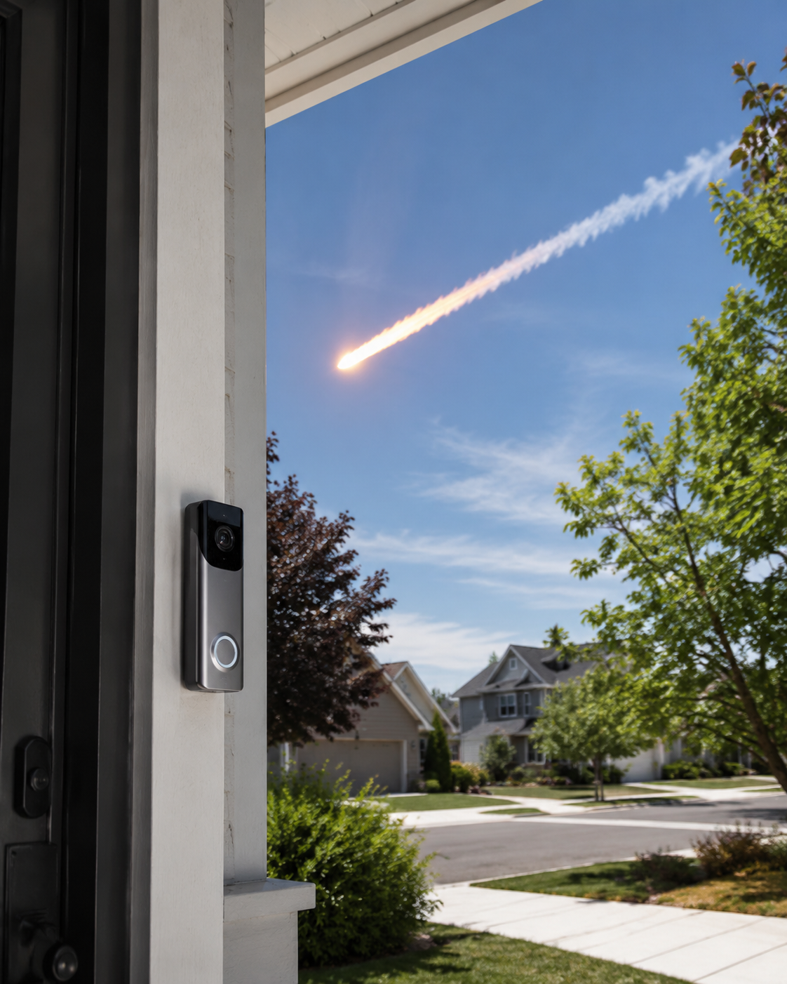 Smart doorbell camera beside a suburban front door with a bright daytime fireball crossing the sky above rooftops