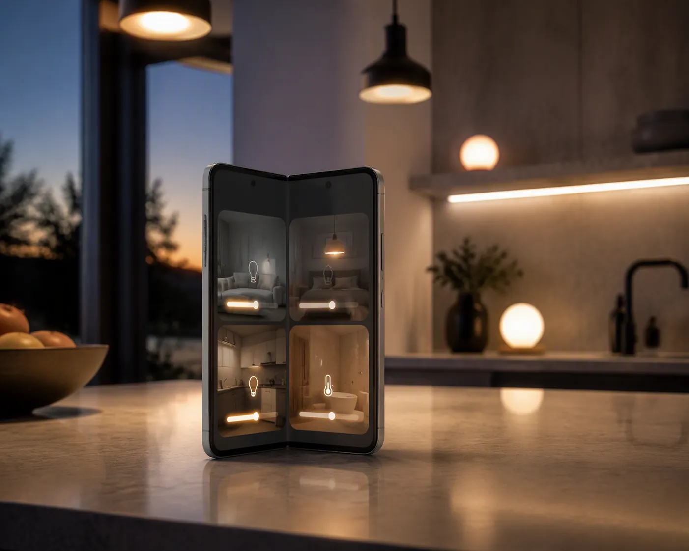 Open foldable smartphone on a kitchen counter showing a smart home control panel