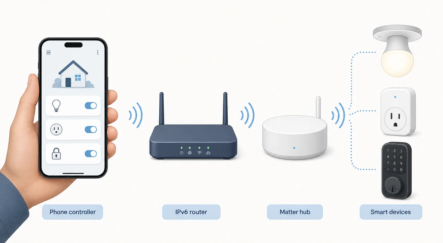 Matter smart home chain showing phone, router, hub, and connected devices
