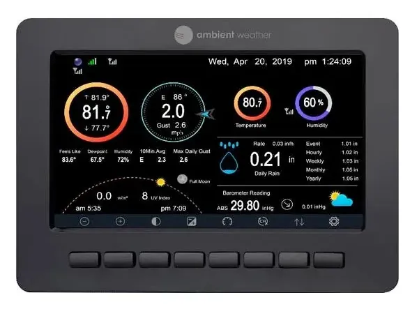 Ambient Weather WS-2000 console showing wind, pressure, rainfall, temperature, and humidity readings