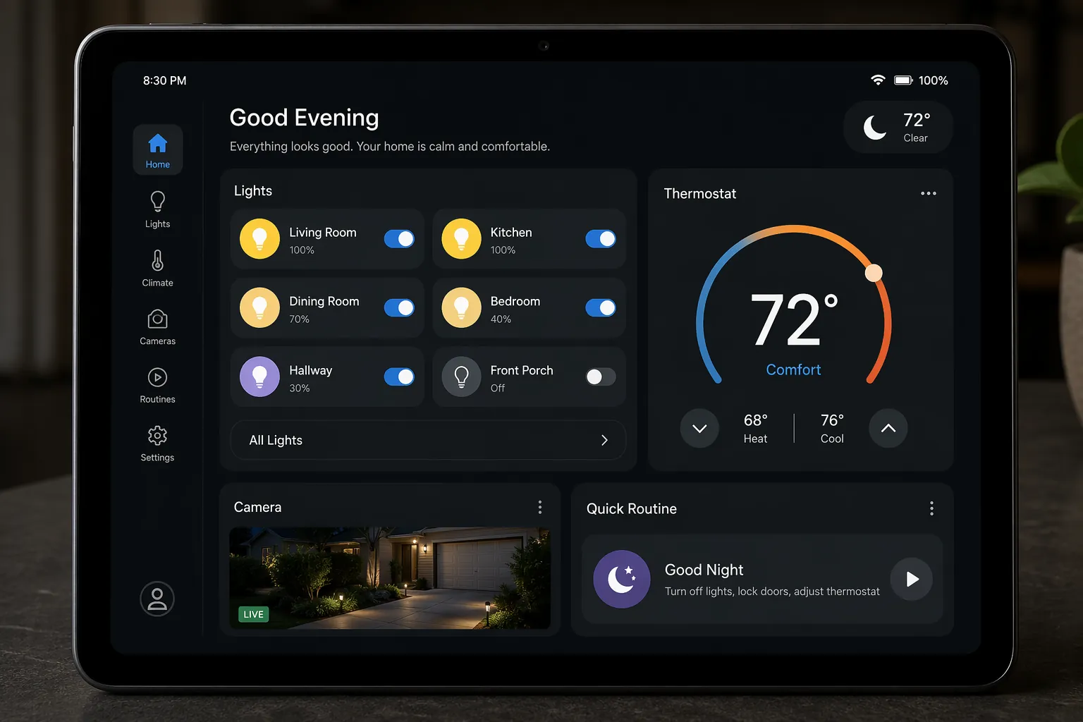 Android tablet in dark mode showing an always-on smart home dashboard with lights, thermostat, camera feed, and routine controls