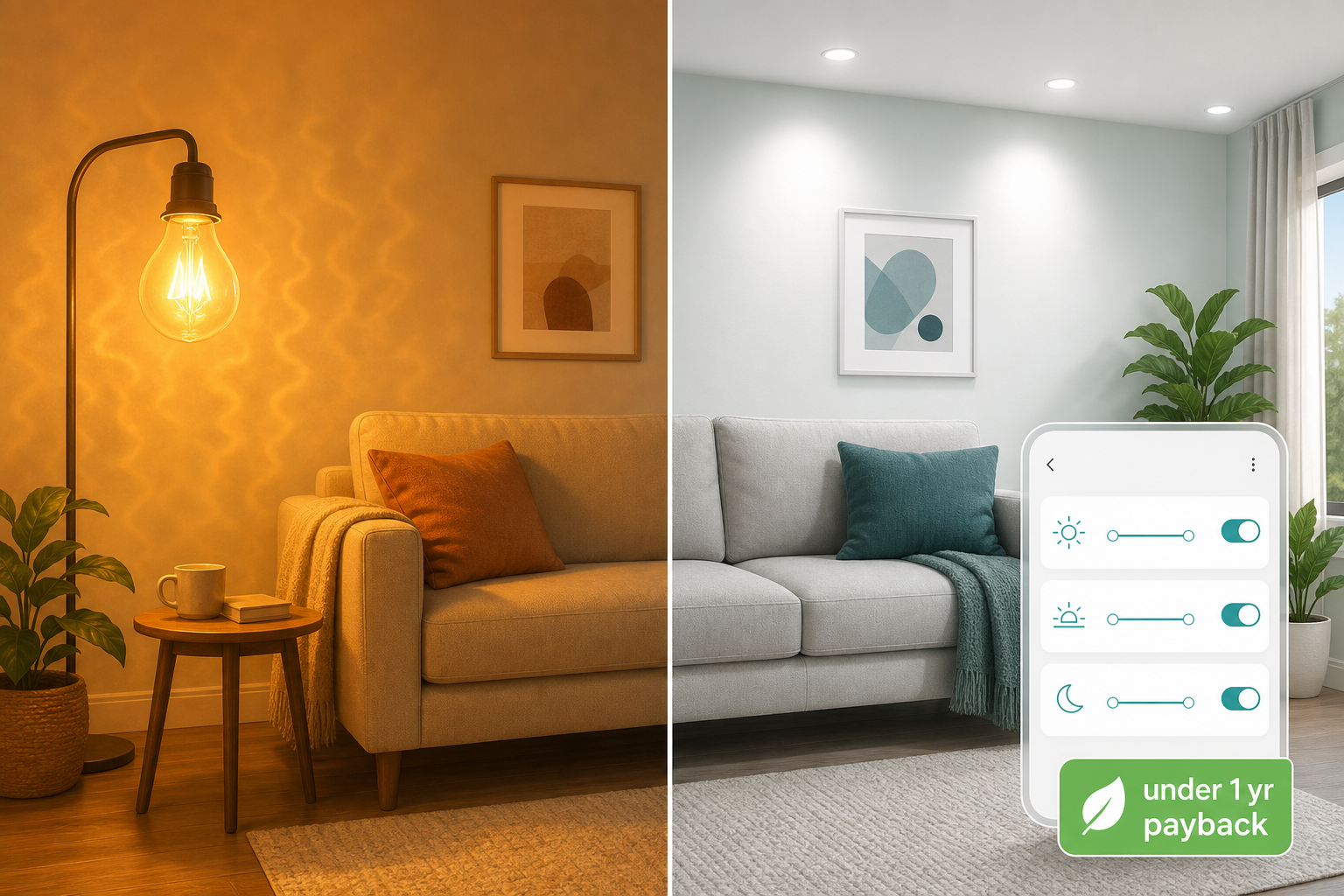 Split living room illustration showing warm incandescent glow on the left versus clean LED lighting with a smartphone scheduling overlay on the right