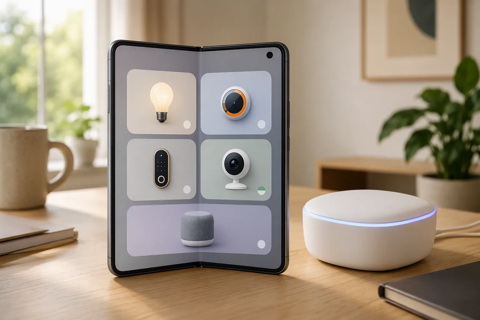 Open foldable phone showing smart-home control tiles beside a separate smart-home hub puck