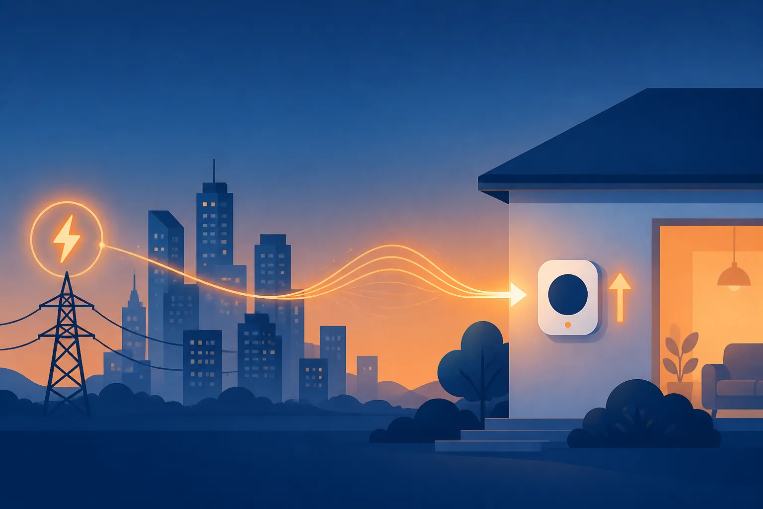 Power-grid signal traveling from a city to a smart thermostat as the setpoint rises