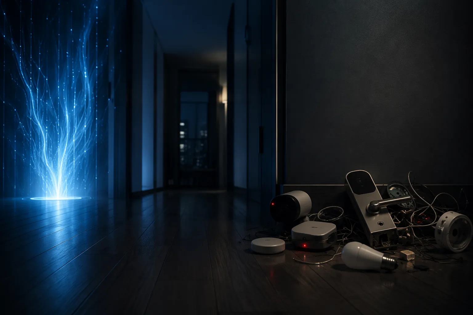 Abstract AI light separated from smart home devices showing red error lights in a dark hallway