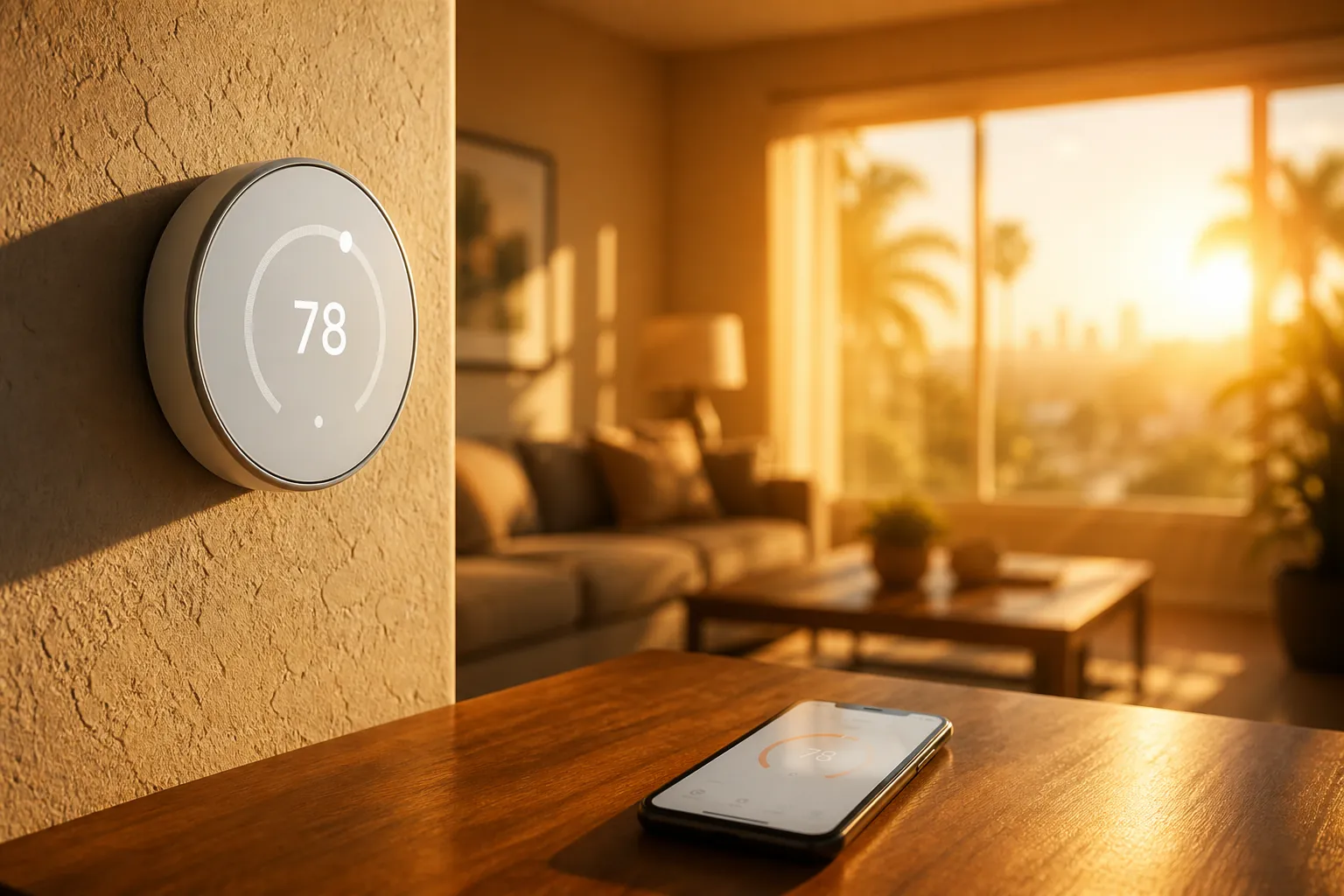 A round smart thermostat glowing on a sunlit wall during a heat wave, with a phone nearby showing a temperature app