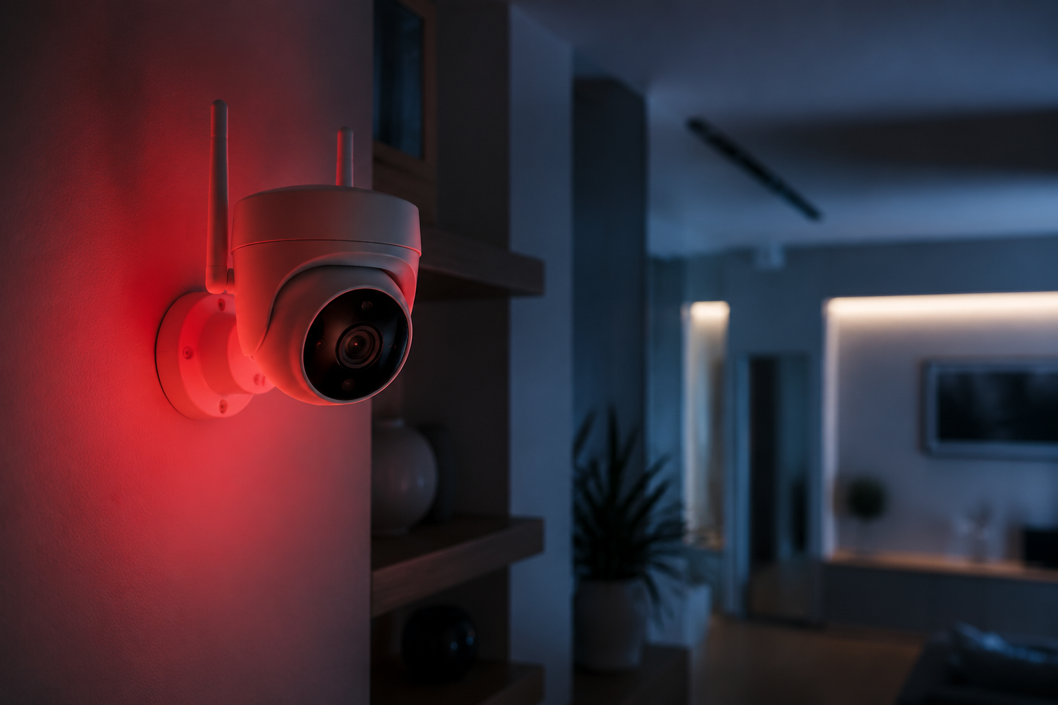 Home security IP camera mounted on a wall in a dim room with a subtle red warning hue
