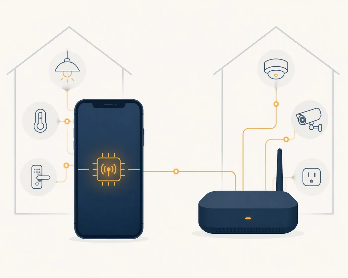 Illustration contrasting a phone radio chip with a dedicated smart home hub and border router