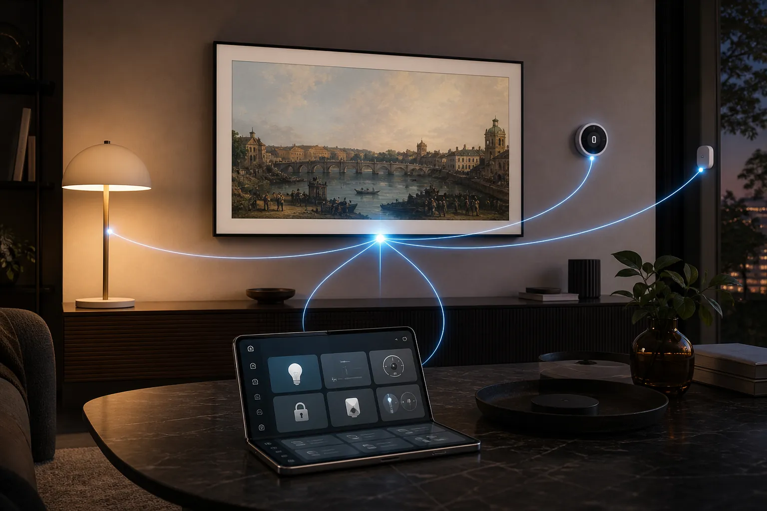Samsung The Frame TV and Galaxy Z Fold 8 working together as part of a SmartThings smart home setup