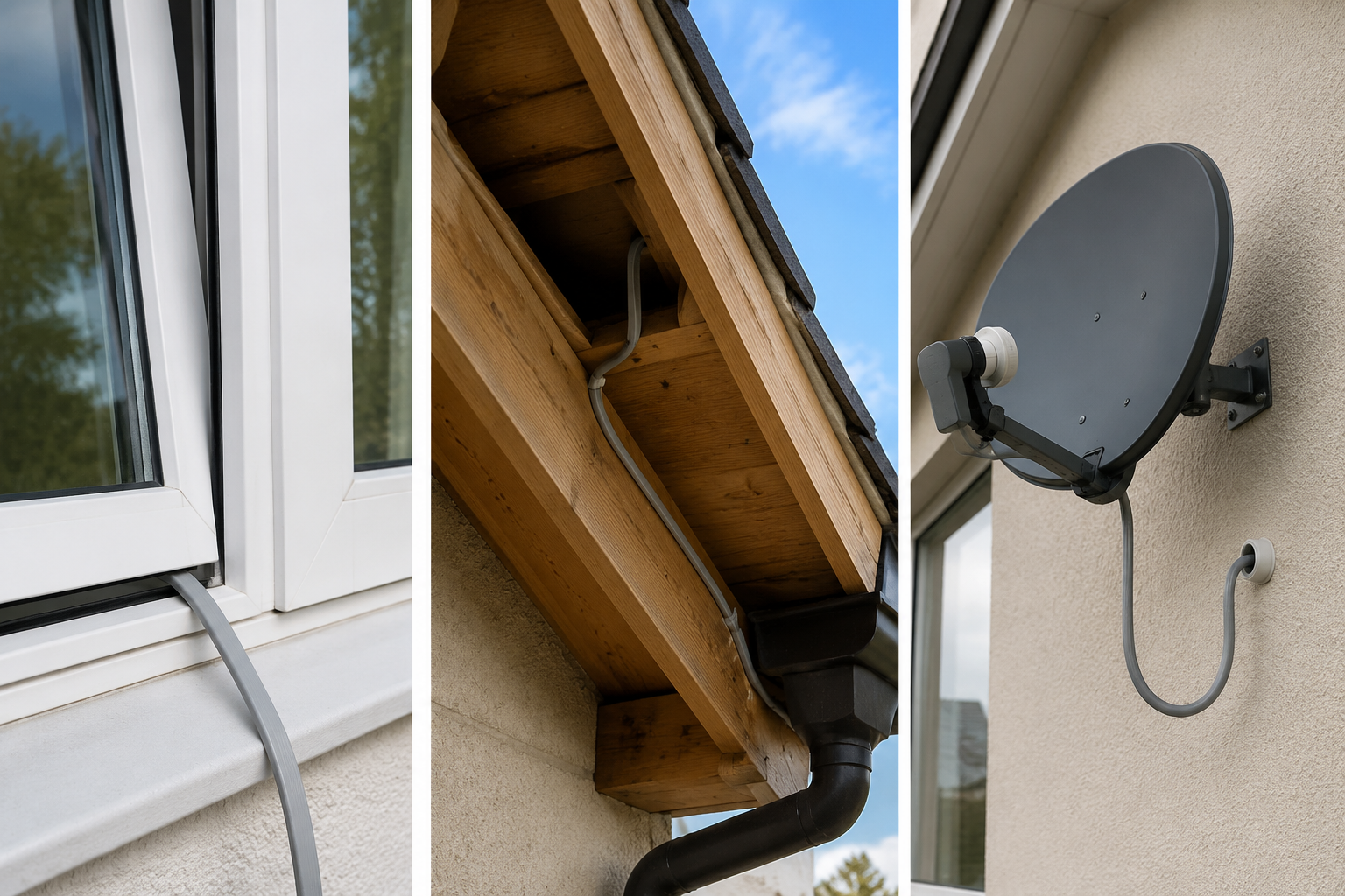 Three Starlink cable routing methods on a house exterior: window pass-through, soffit route, and wall entry with a drip loop