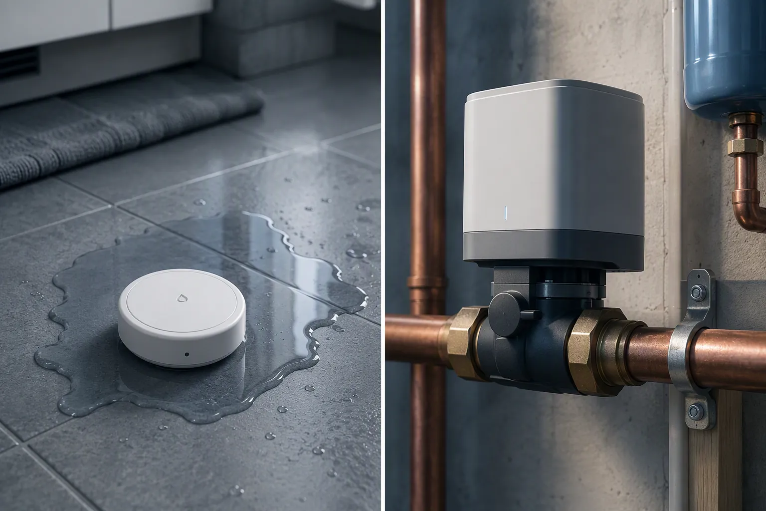 Comparison of a puck-style leak sensor on a floor and a whole-home water monitor with shutoff valve on a pipe