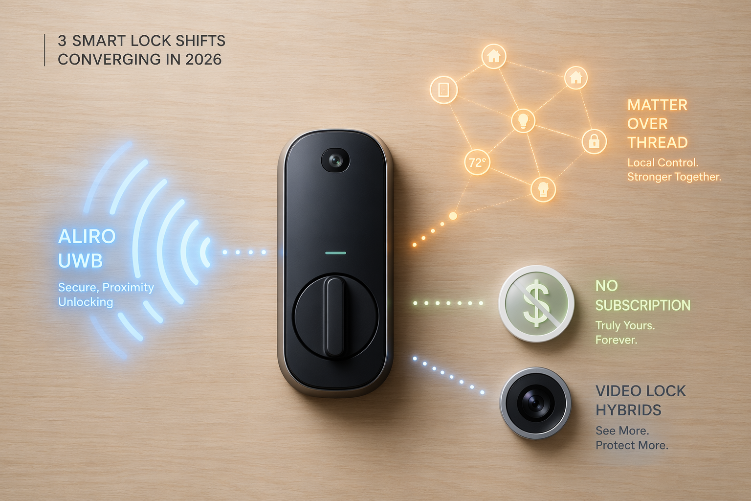 Editorial flat-lay on a light wooden surface showing a central smart lock surrounded by blue wireless waves, interconnected node icons, and a no-subscription badge with a video camera lens.