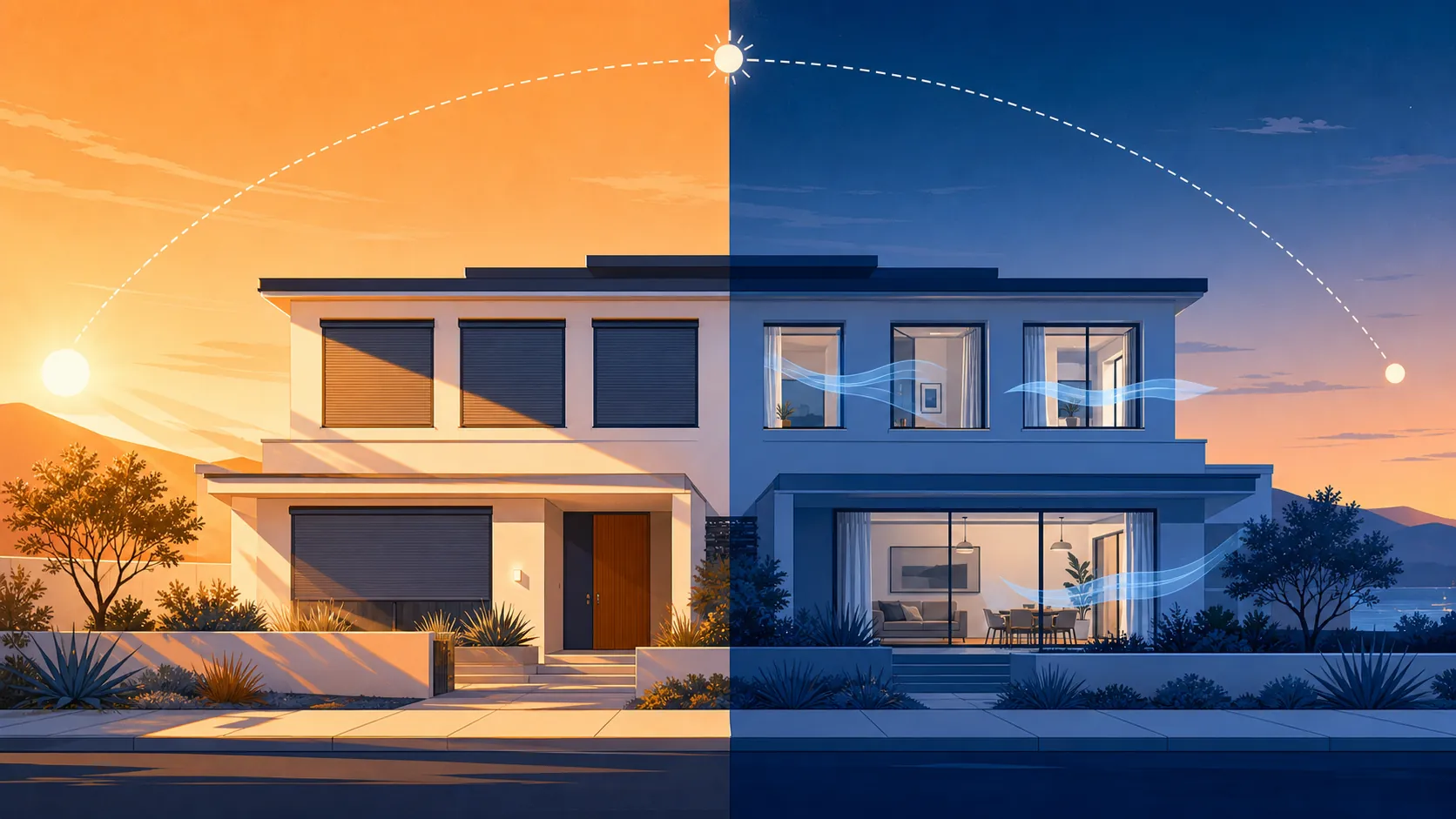 Modern house in a heat wave with morning shades closing and evening windows opening for cool air