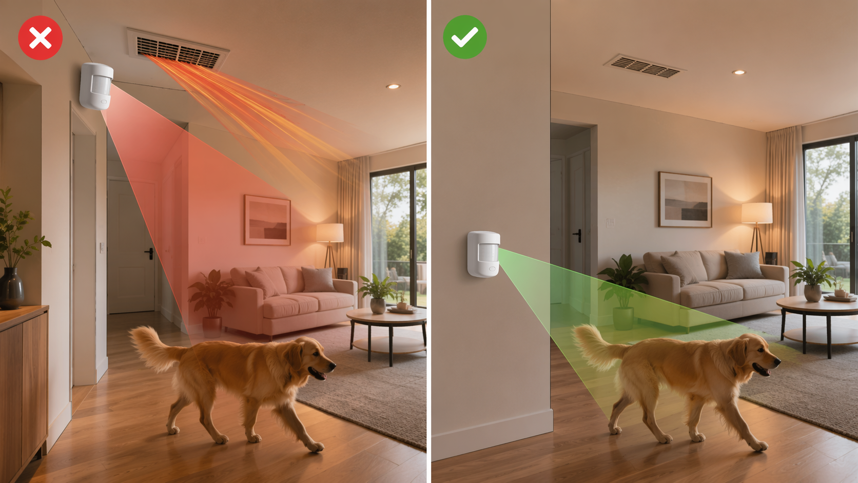Comparison of incorrect and correct motion sensor placement near an HVAC vent and pet path