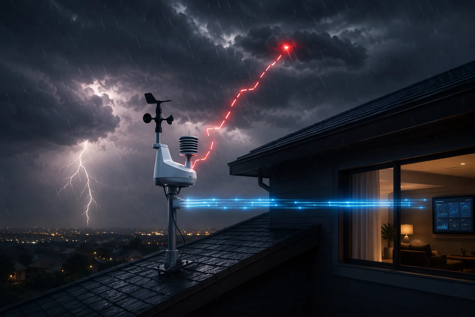Weather station during a storm with a broken cloud data path and an active local path into the house