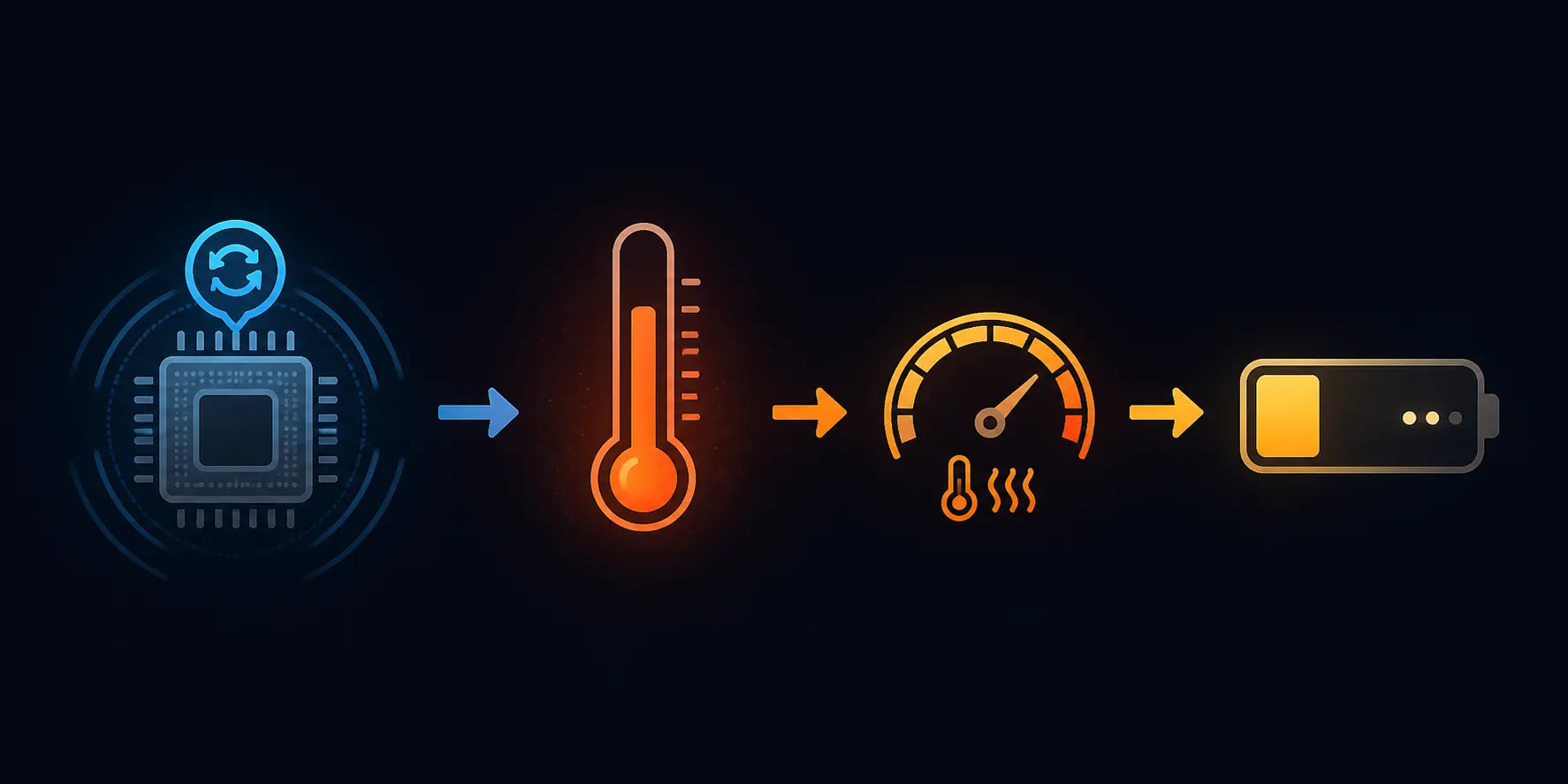 Cause and effect chain from processor wake loop to rising temperature, thermal throttling, and slow battery charging