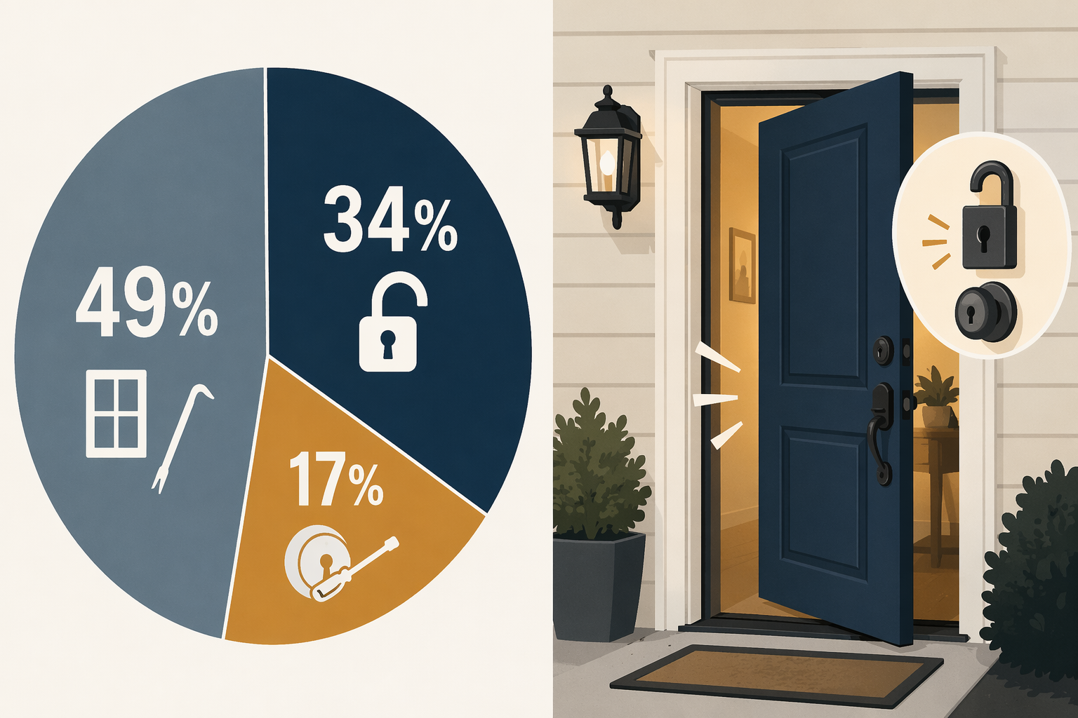 Editorial infographic showing a breakdown of how residential burglars enter homes: 34% through unlocked doors, 17% through forced entry via locks, with remaining percentages through other entry points. Muted navy and warm amber color palette.