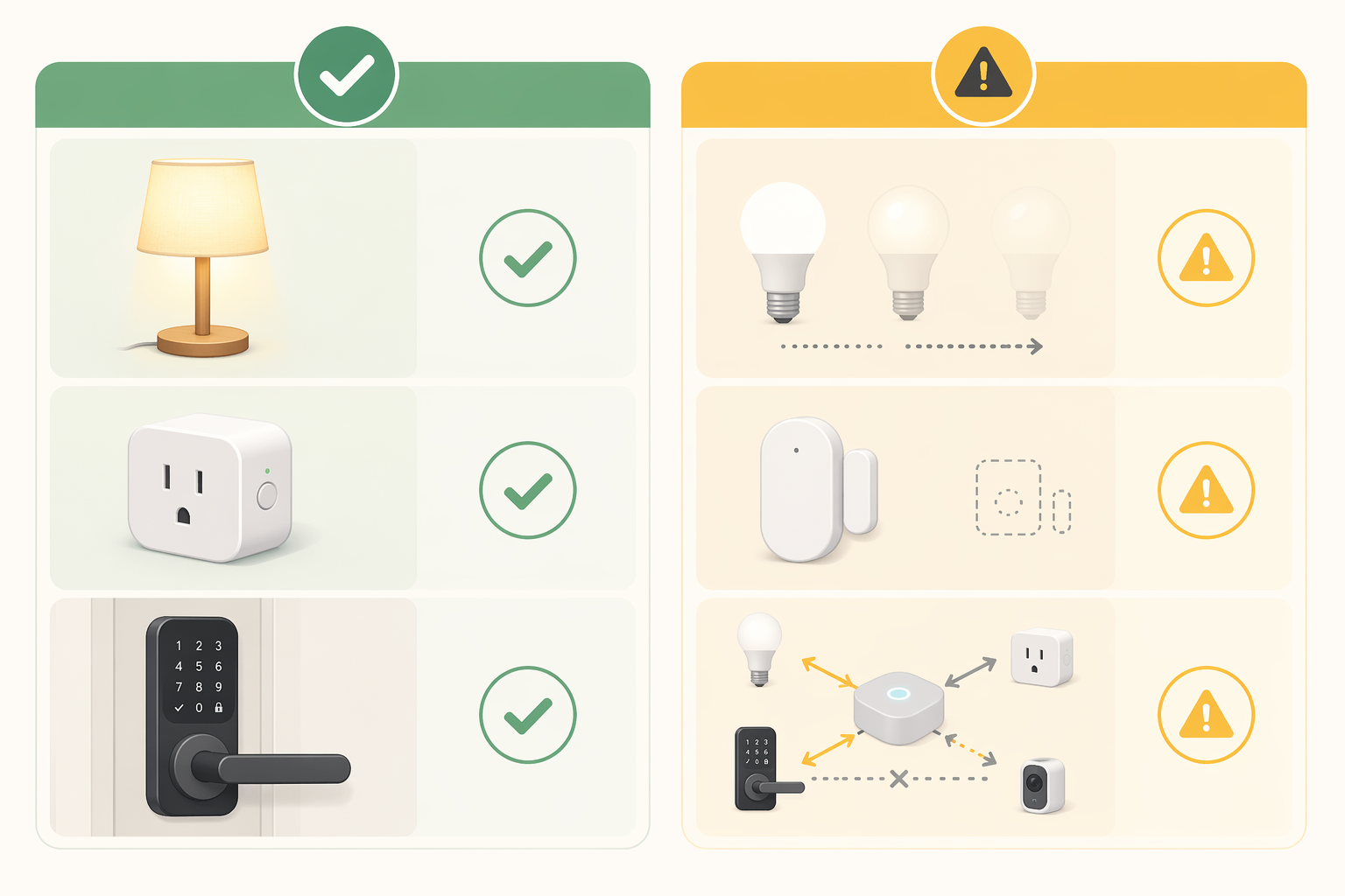 Smart home report card showing lights, plugs, and locks as safer Matter categories and staggered lights or missing features as caution areas