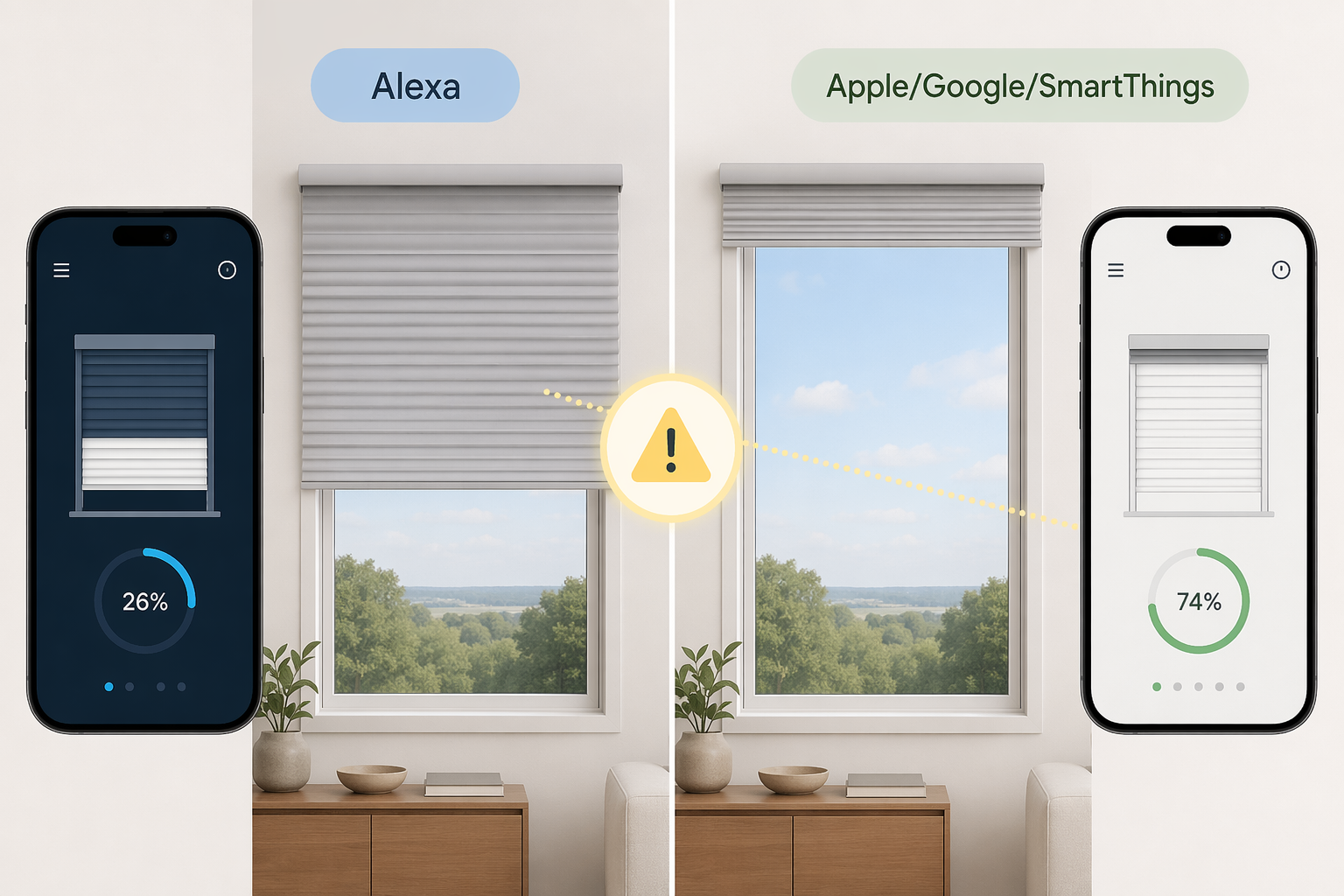 Alexa showing 26 percent covered while Apple, Google, and SmartThings show 74 percent open for the same blind