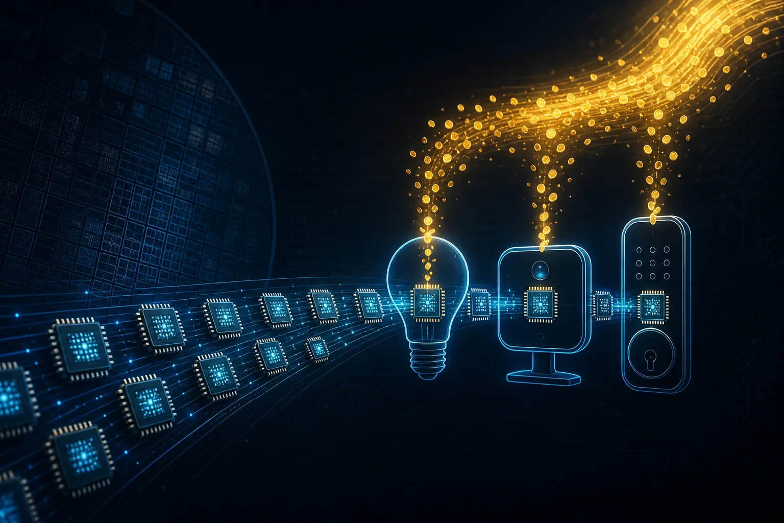Glowing chips flowing into smart home device shapes and forming a revenue stream