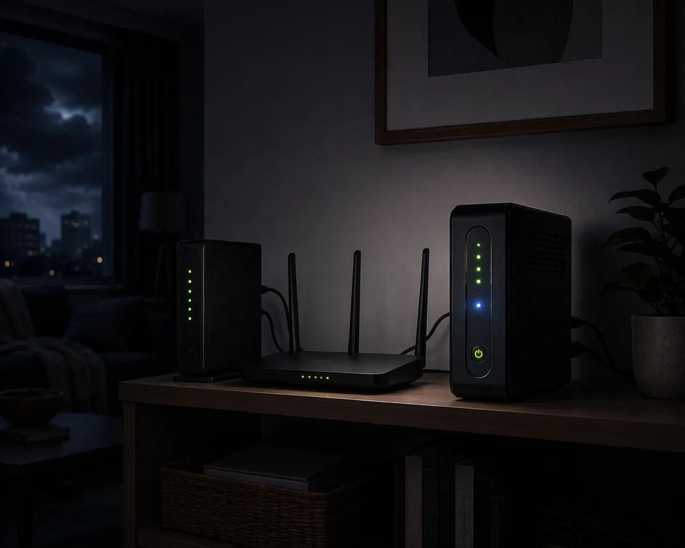 A modem and router plugged into a compact UPS battery backup tower with glowing status lights in a dim room