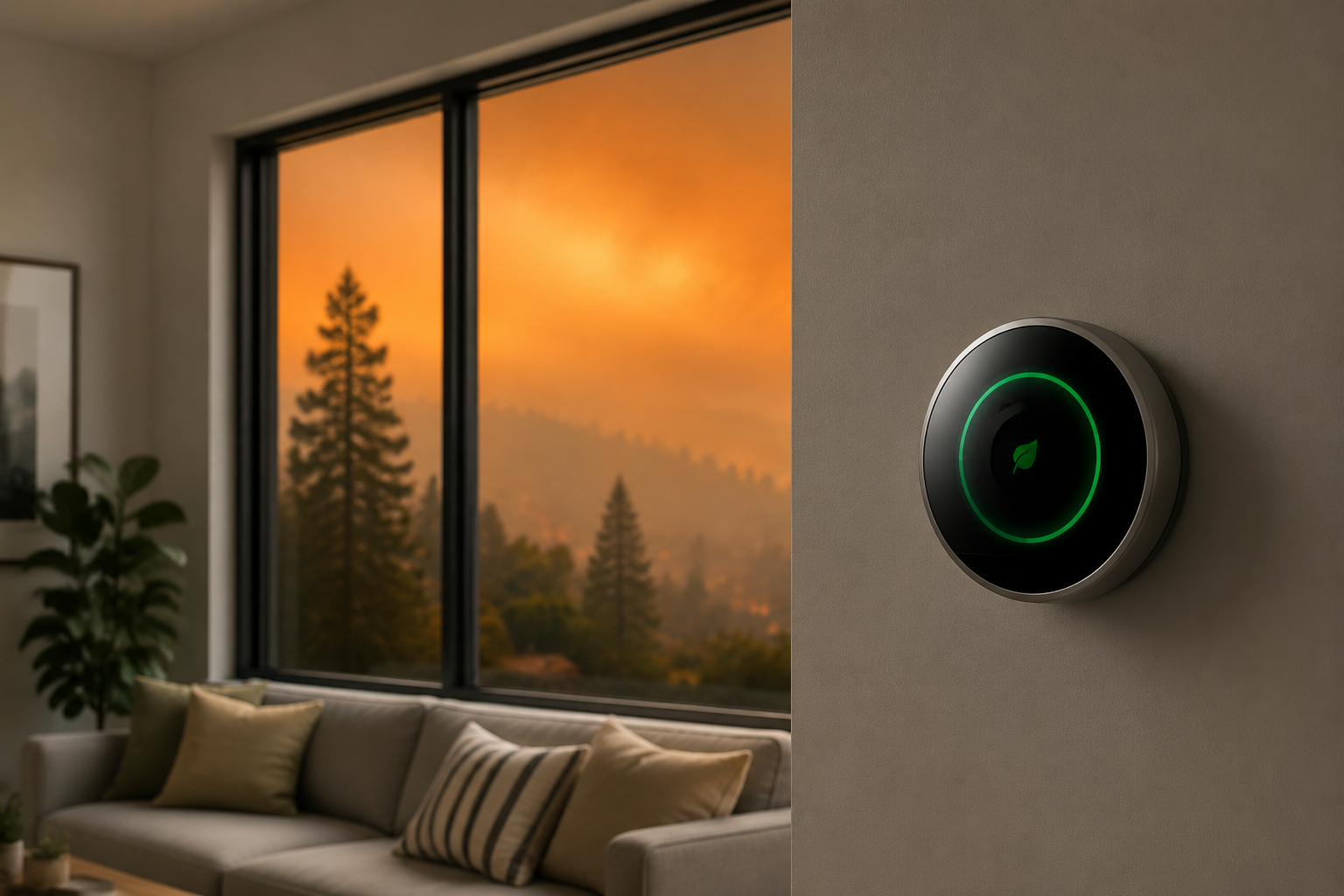 Smart thermostat showing clean indoor air while wildfire smoke colors the sky outside