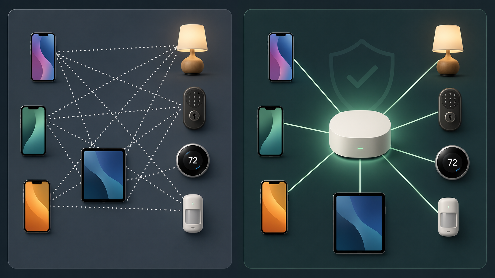 Comparison of legacy HomeKit peer connections and the new centralized Apple Home architecture