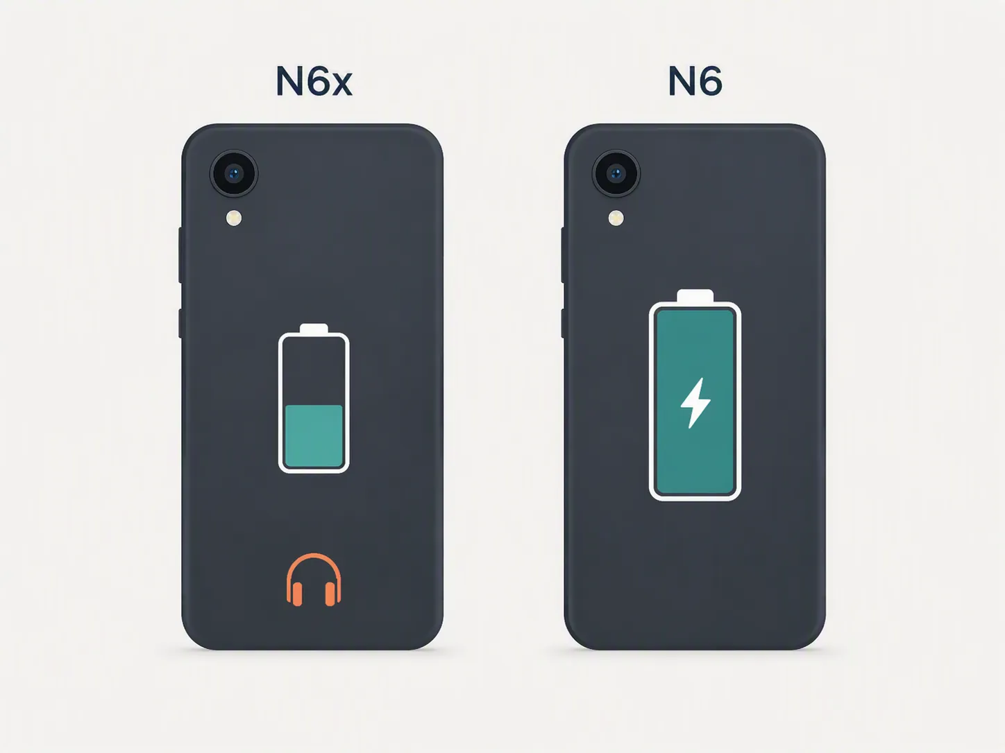 Comparison illustration of the N6x with a headphone jack and modest battery icon next to the N6 with a larger battery and charging symbol