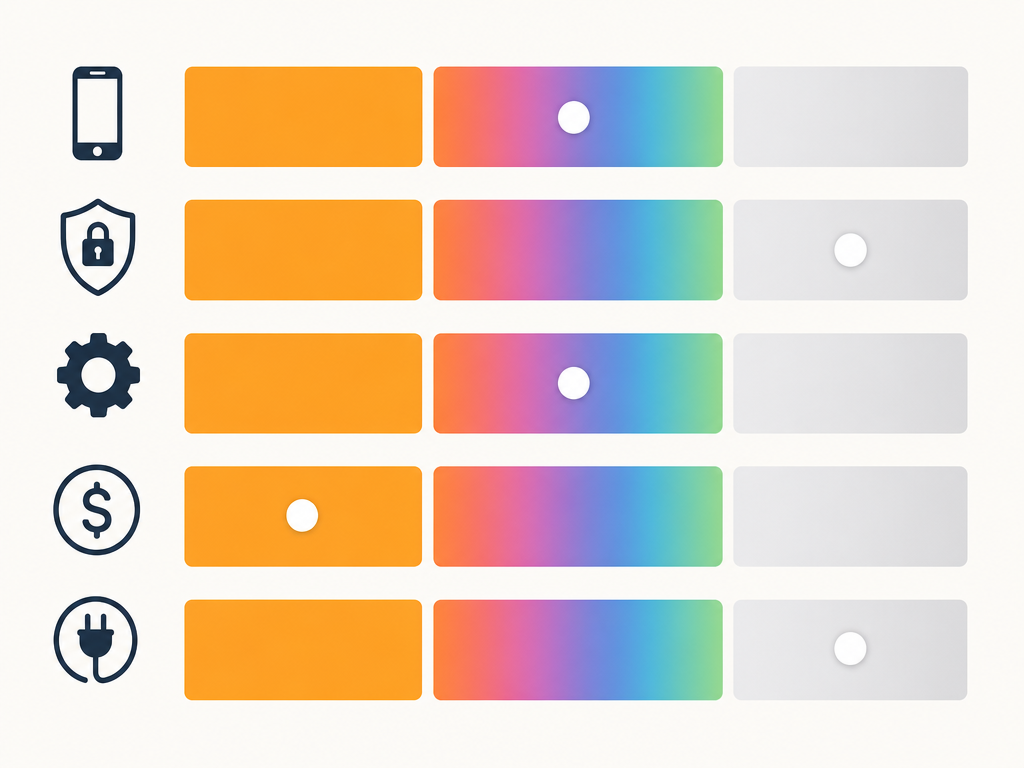 A minimal flat infographic showing five horizontal rows with icons for buyer decision criteria, each divided into three color-coded segments indicating platform fit.