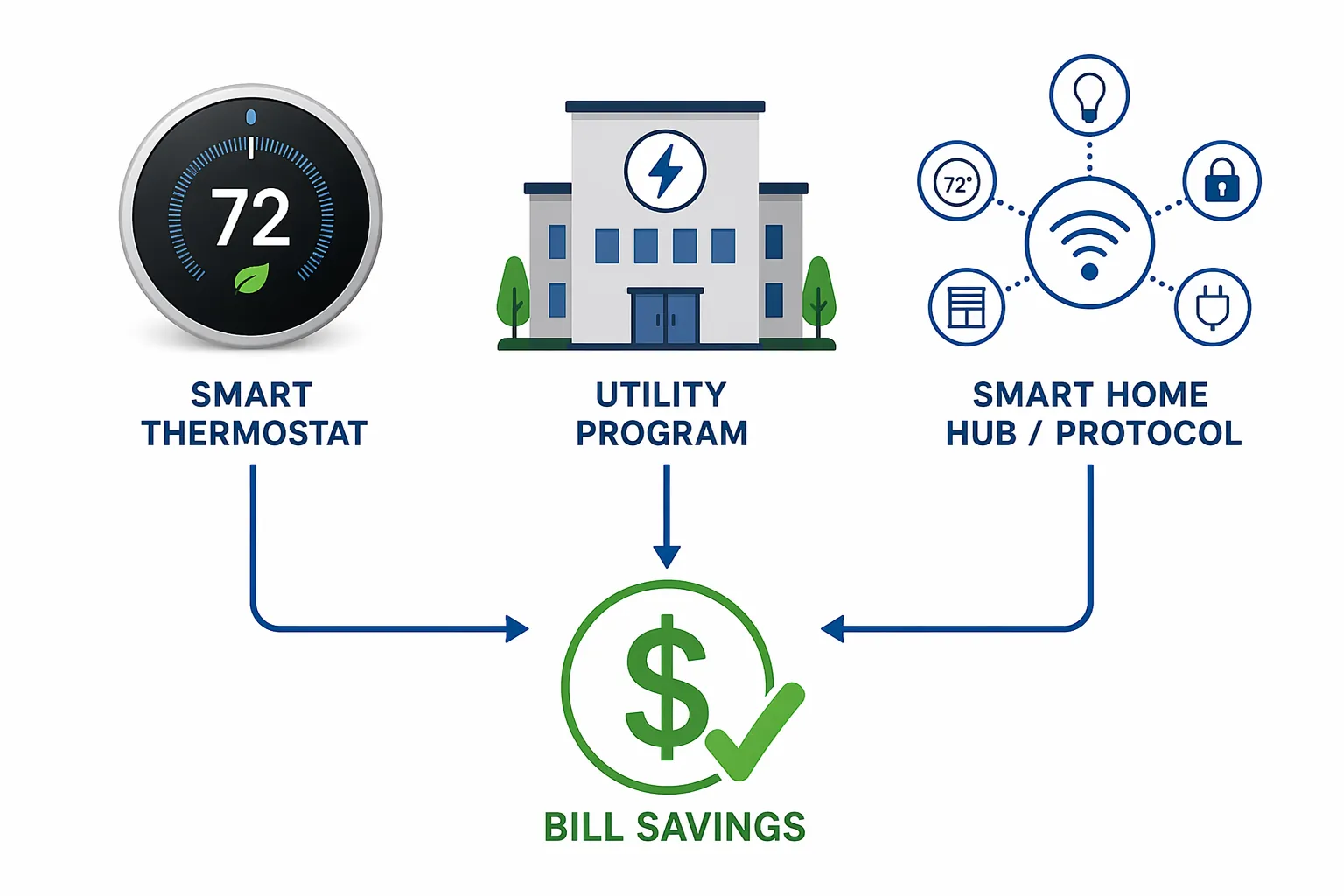 Diagram showing smart thermostat, utility program, and hub protocol converging into a verified savings checkmark