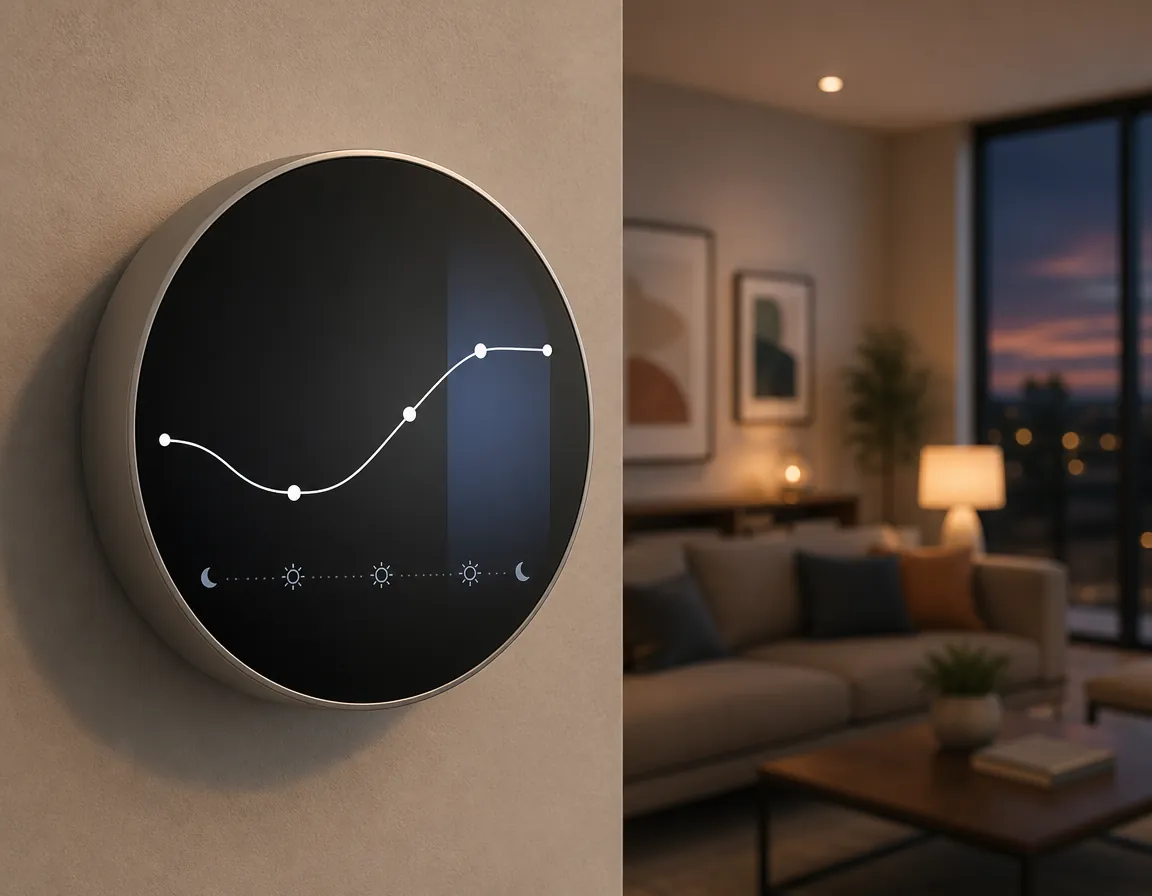 Smart thermostat display showing a morning temperature dip and an afternoon setback schedule