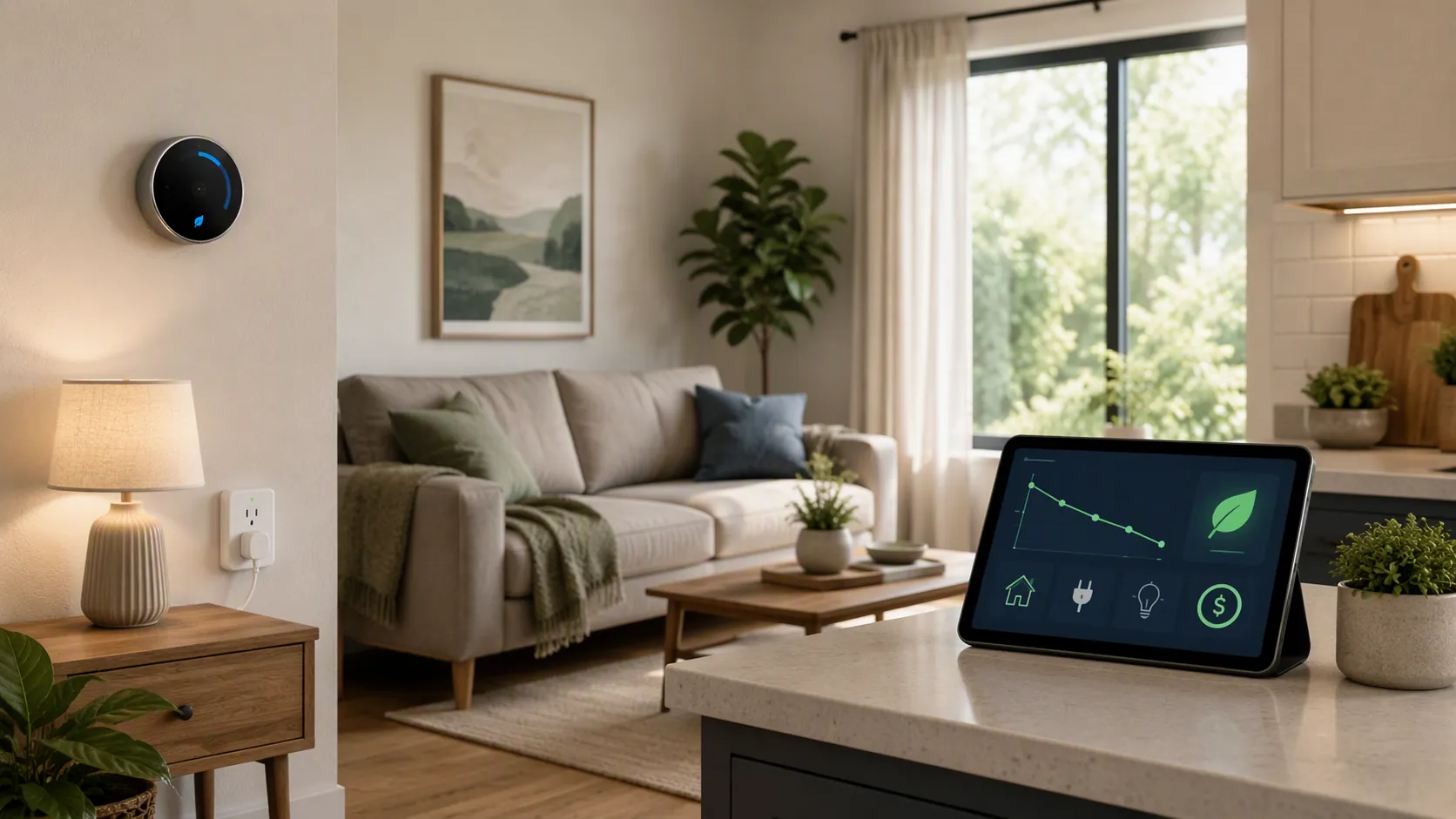 Living room with thermostat, smart plug, and tablet energy monitor
