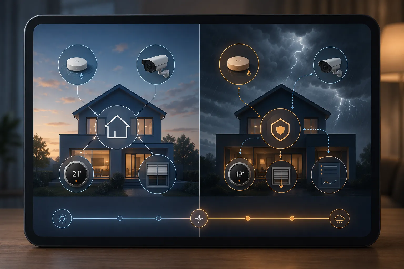 Smart home device icons shifting across a hurricane preparation timeline