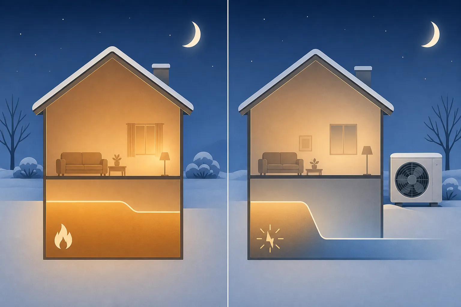 Comparison of a flame-heated home and a heat-pump home with a caution marker for deep winter setbacks