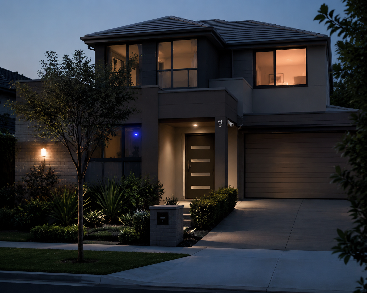 Modern two-story home at dusk with visible security cameras and lights on inside