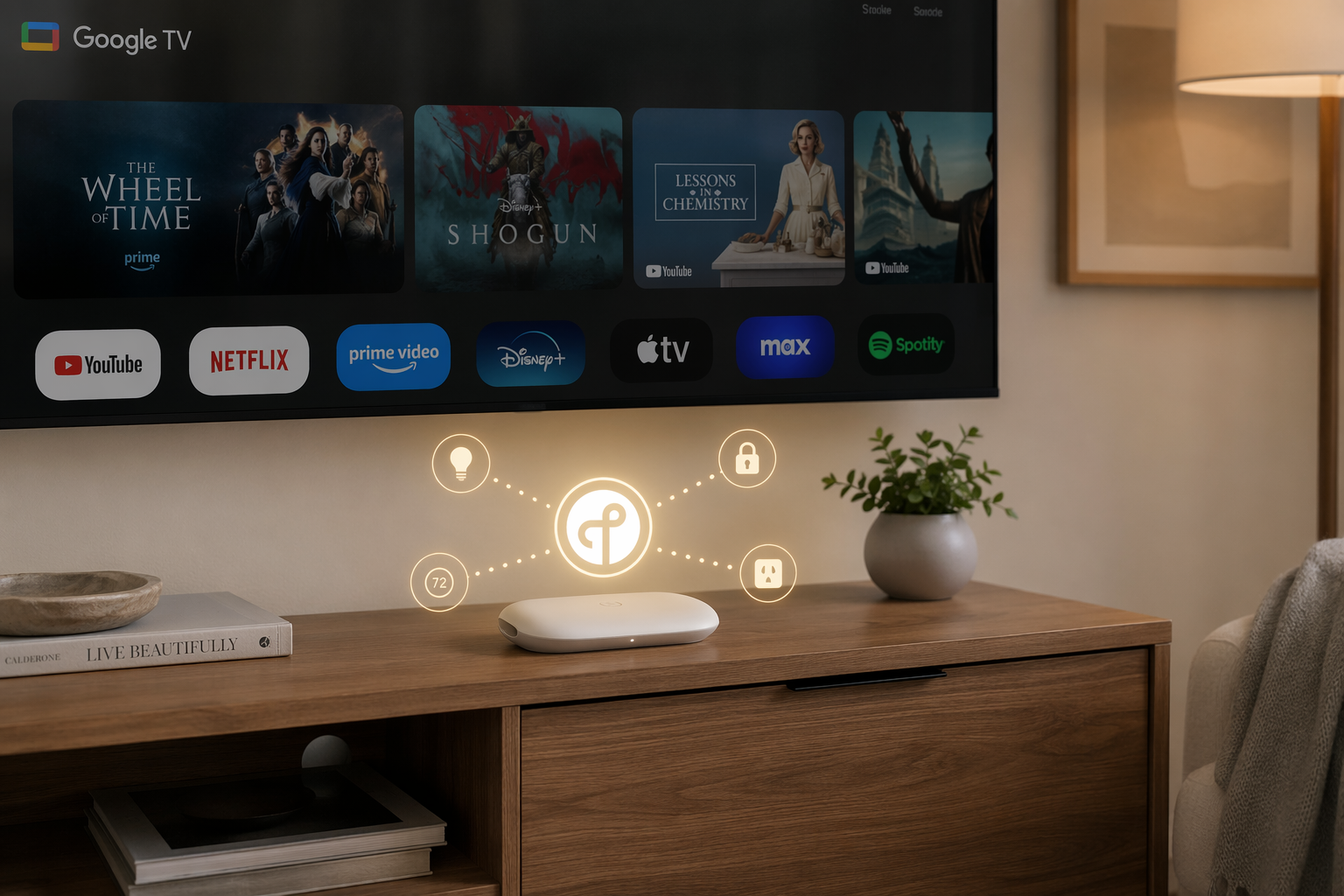 Google TV Streamer below a television with a Thread network symbol above it