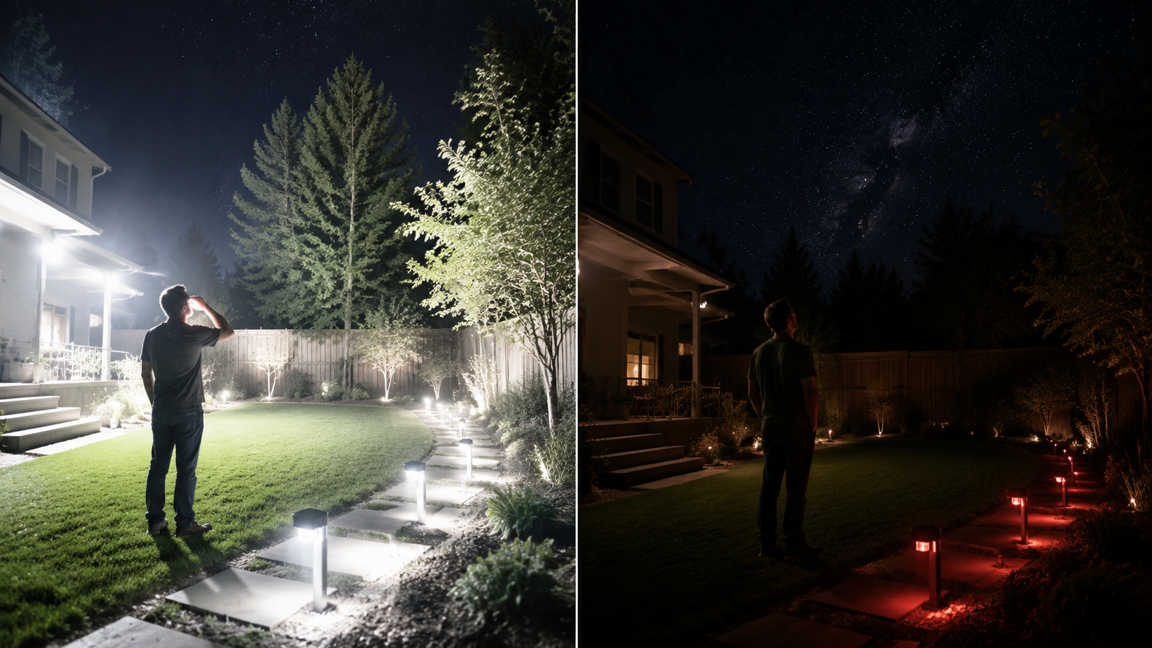 Comparison of a backyard with bright white lighting versus dim red pathway lighting for meteor viewing