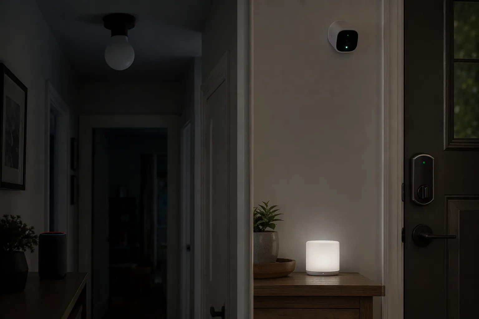 Split hallway showing dark cloud-dependent devices beside battery-backed smart-home devices that remain active