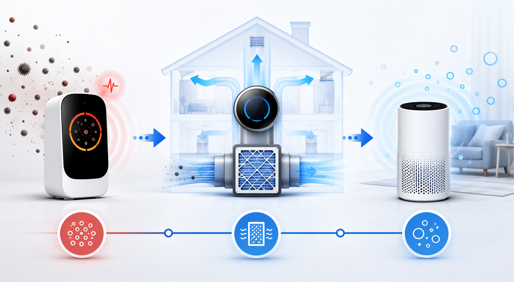 Diagram of air quality monitor, smart thermostat with MERV 13 filter, and HEPA purifier working together