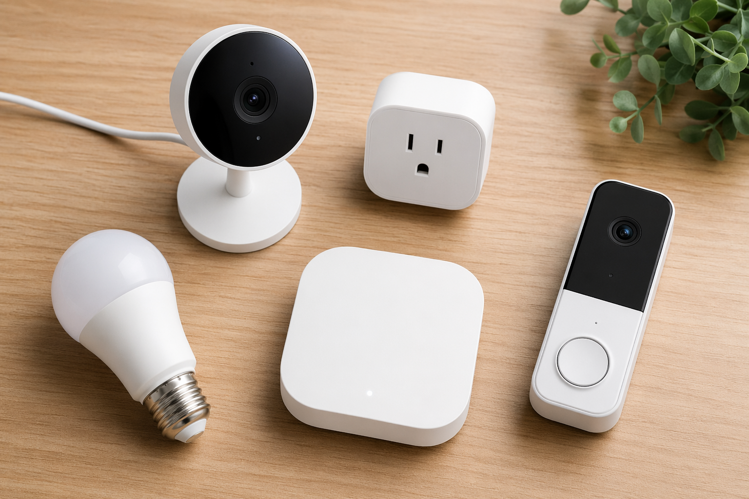 Flat lay of compact smart home devices including a camera, plug, bulb, doorbell, and hub-style device