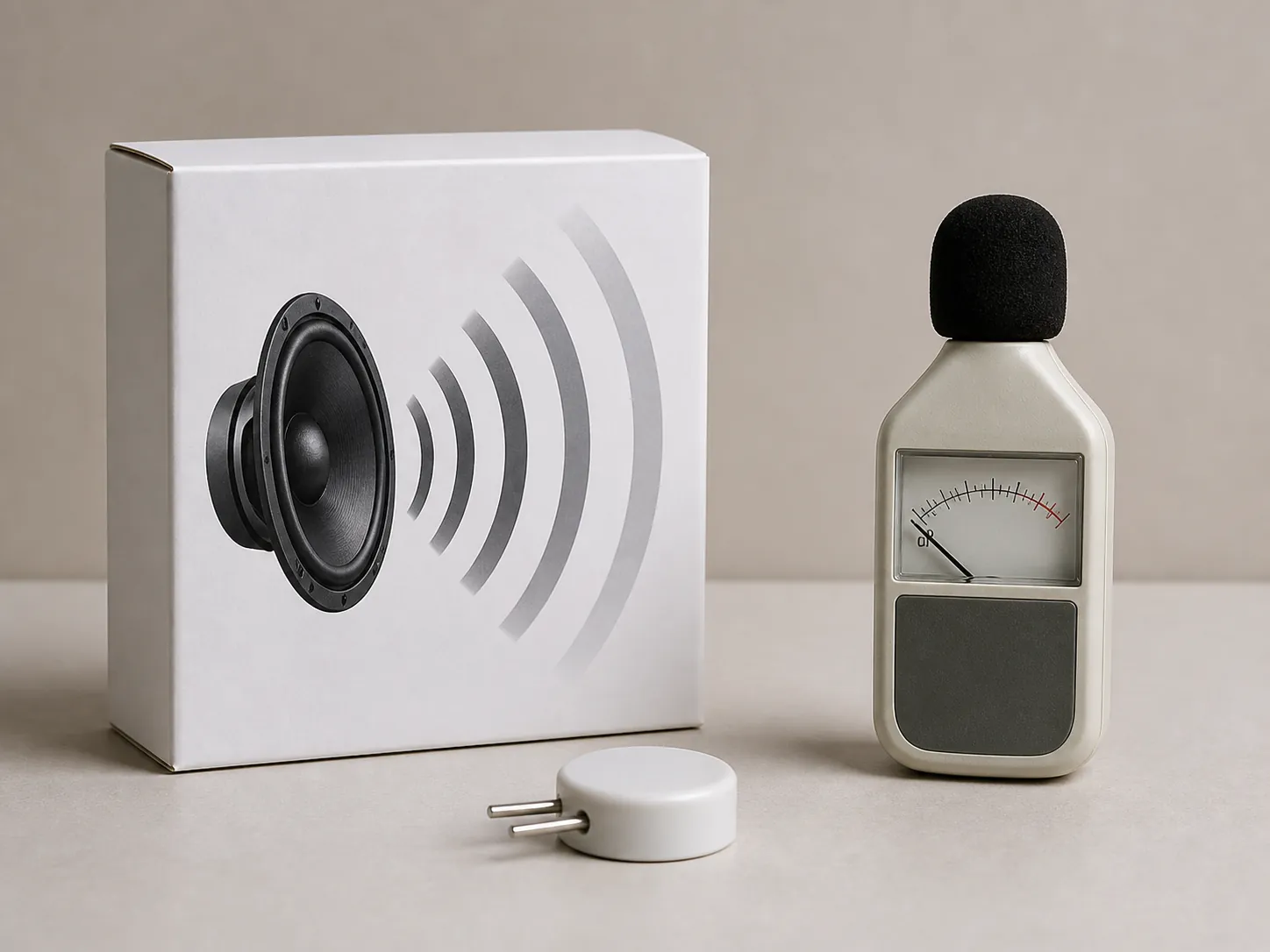 Product box with loudspeaker claim beside a sound level meter and leak sensor