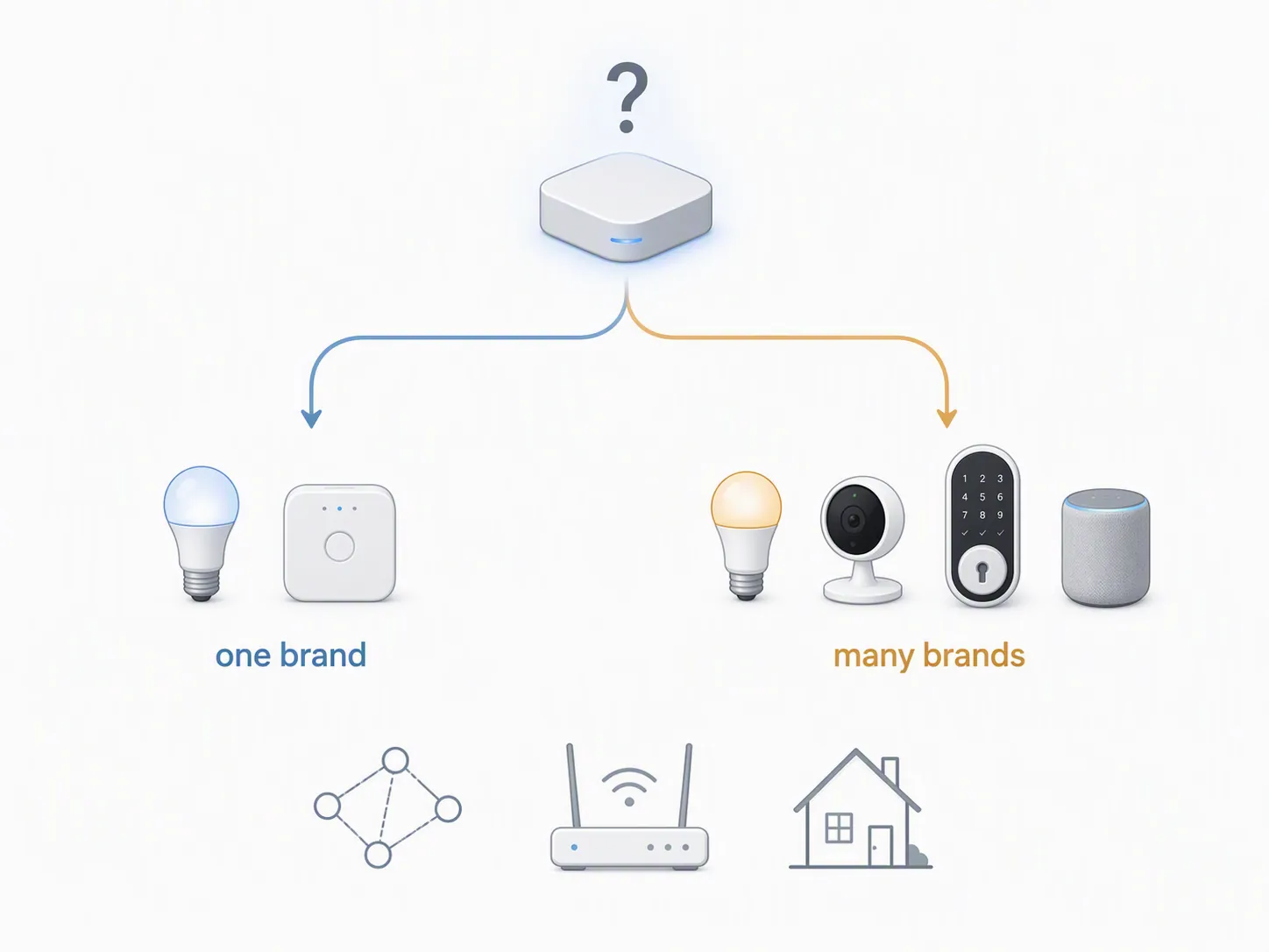 Decision-split illustration comparing one-brand and many-brand HomeKit failures with hub, Thread, Wi-Fi, and home architecture icons