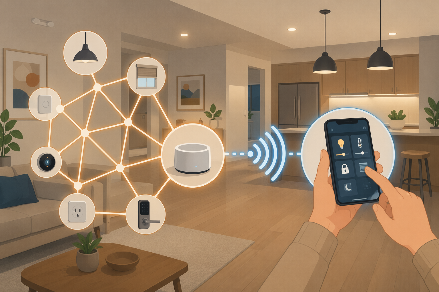 Smart home illustration showing a Thread mesh bridged to Wi-Fi and controlled through a Matter interface