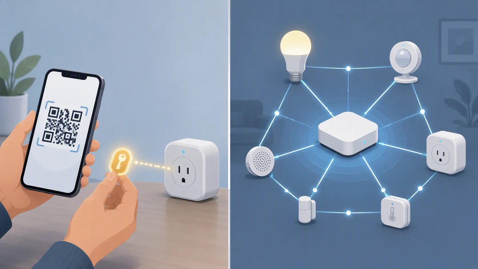 Diagram contrasting a phone onboarding a device with a hub hosting a smart-home mesh network