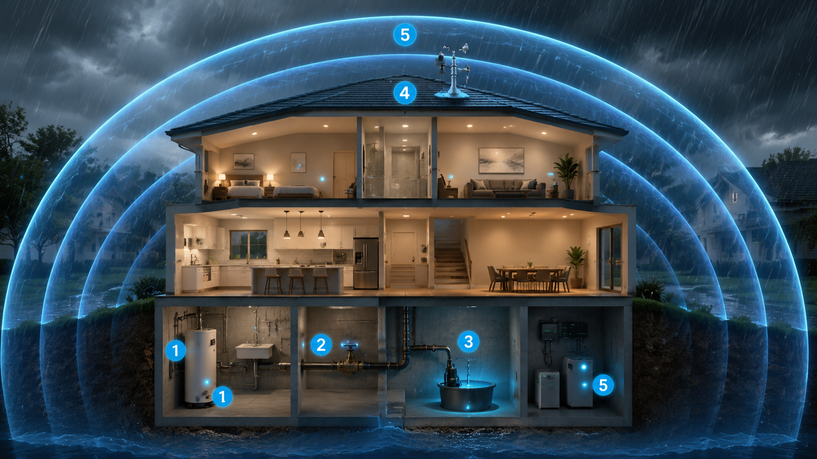 Cutaway illustration of a home during a storm with leak sensors, automatic shutoff valve, sump pump monitor, weather station, and backup battery