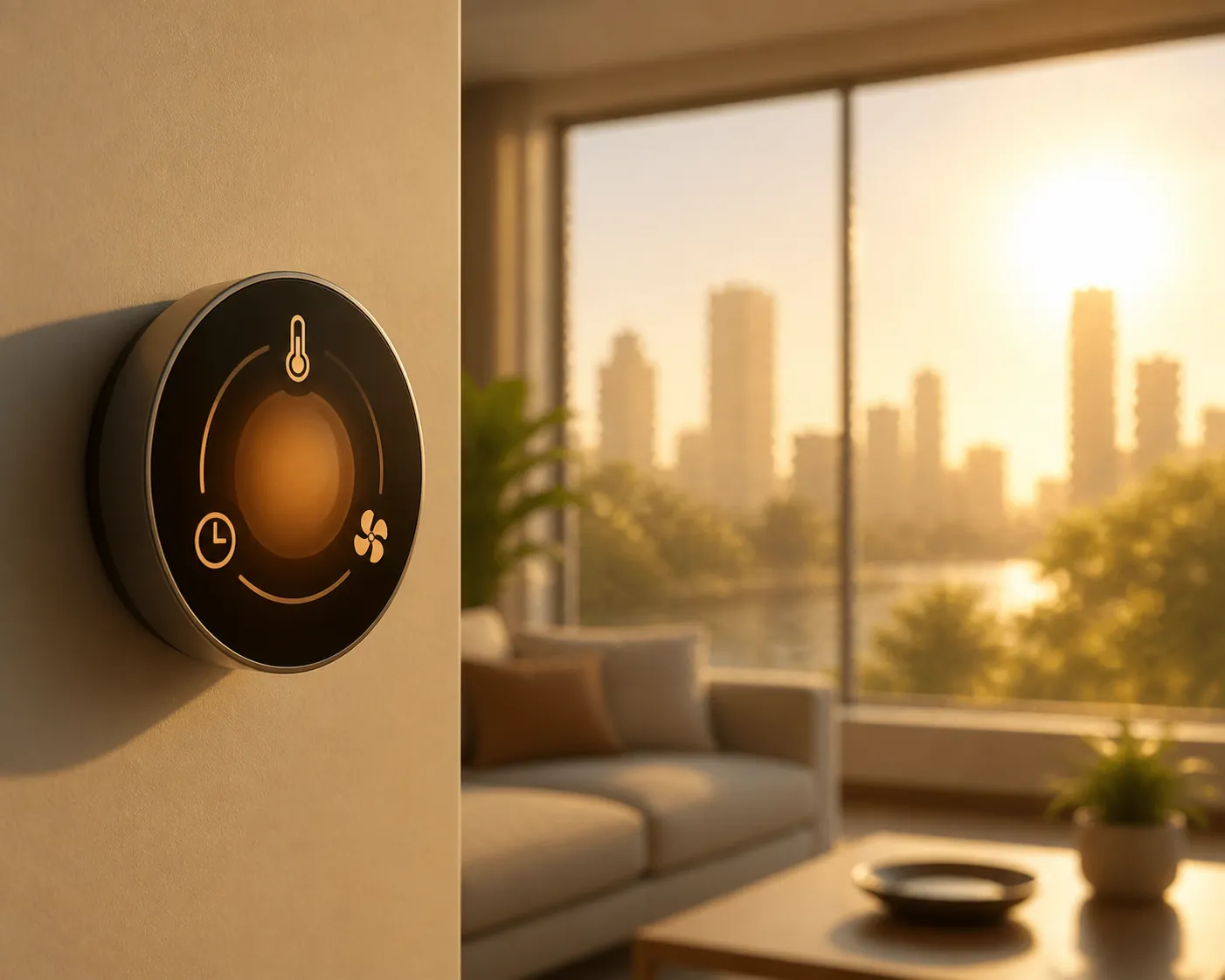 Smart thermostat in a sunlit living room with heat and control icons