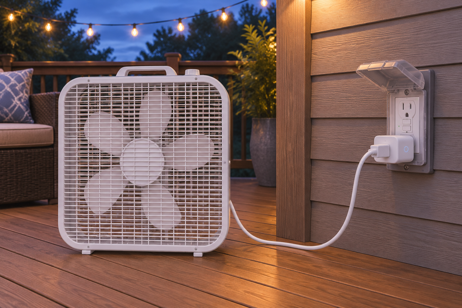 A box fan on a wooden deck connected through an outdoor smart plug to a covered GFCI outlet