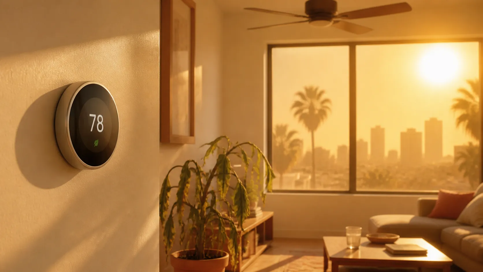 A round smart thermostat in a sunlit living room during an extreme heat wave
