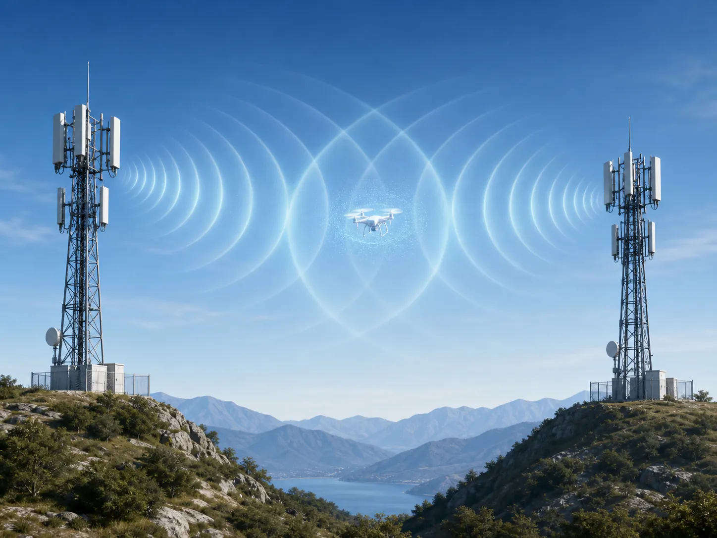 Two cellular base stations sending overlapping radio-wave arcs toward a small drone blip