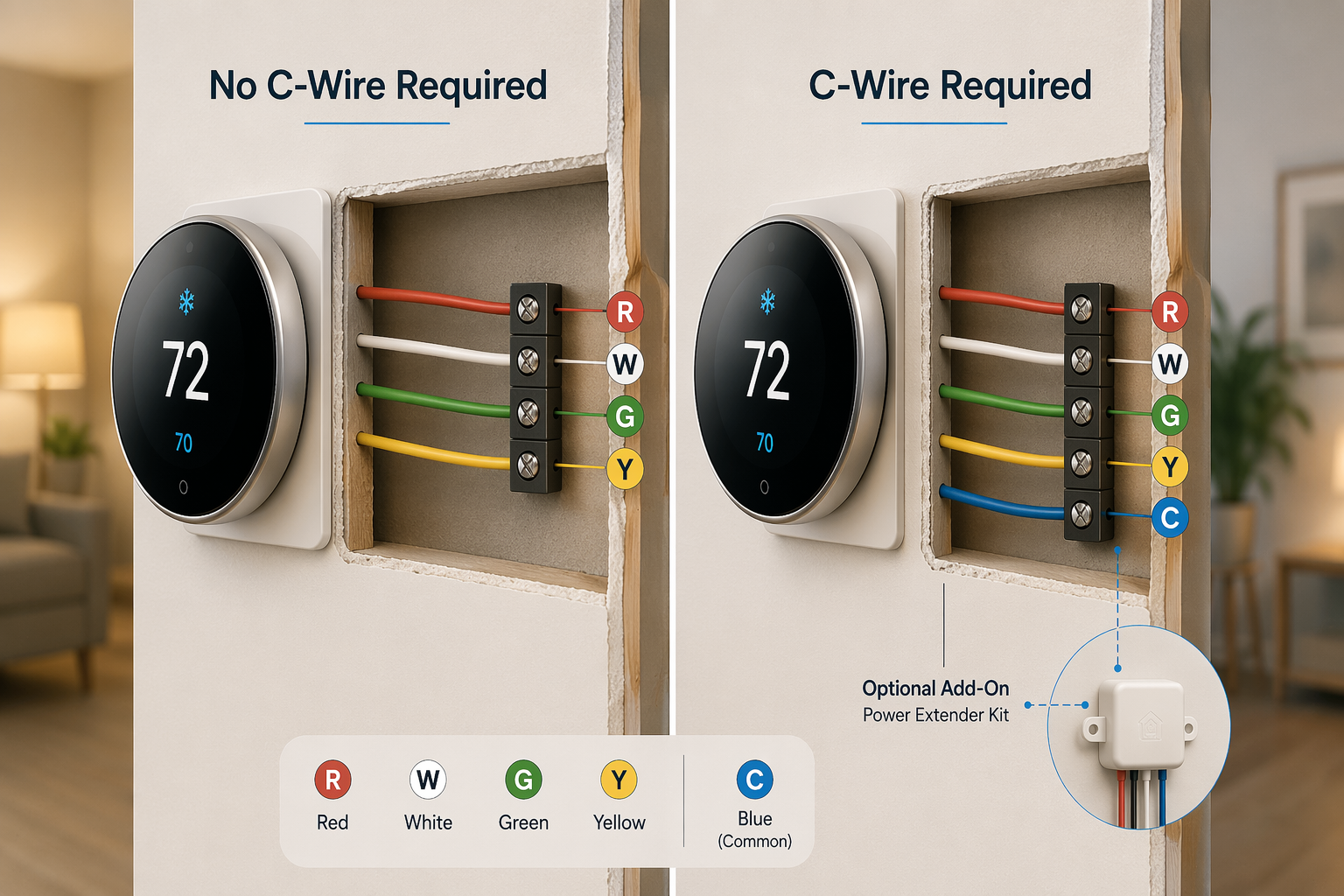 Thermostat wiring comparison showing four-wire setup without C-wire and five-wire setup with blue C-wire plus power extender